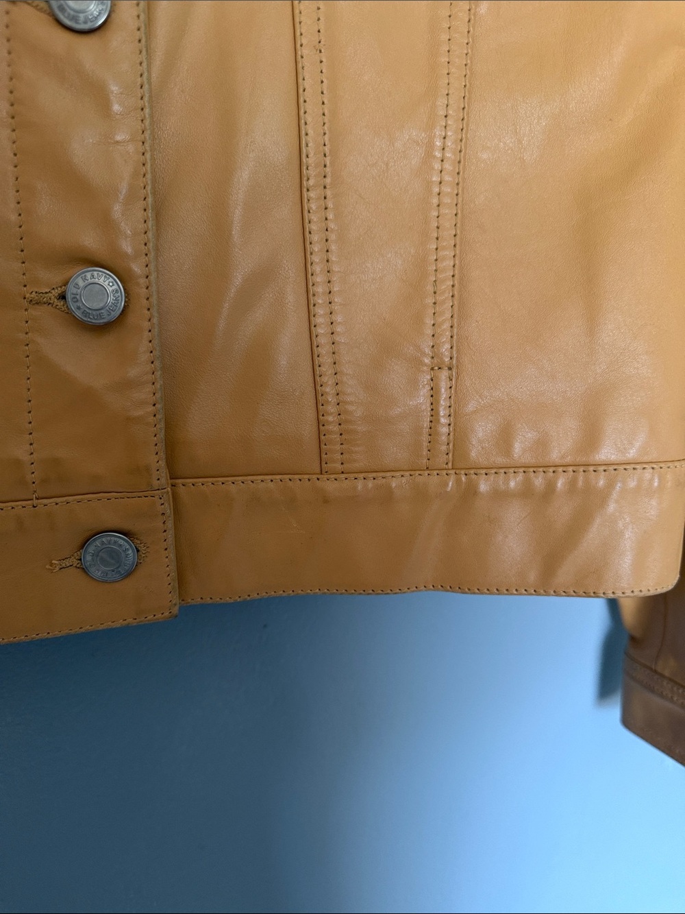 Vintage Y2K 90’s Old Navy Women’s Camel Tan Leather Trucker Jacket Size Small - Picture 11 of 14